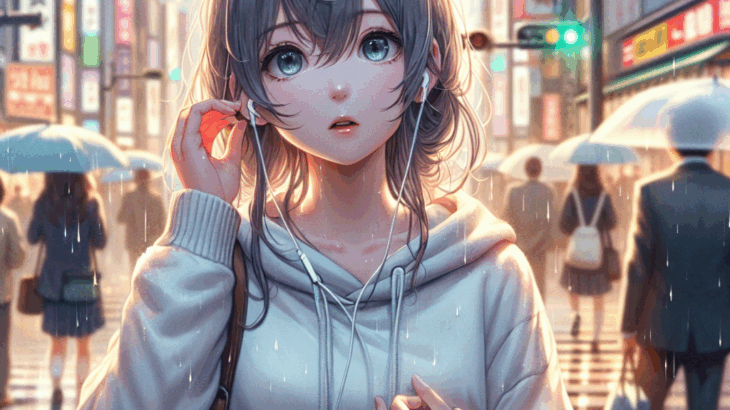 原宿交差点、偶然の出会い：銀色のイヤホンと雨上がりの物語