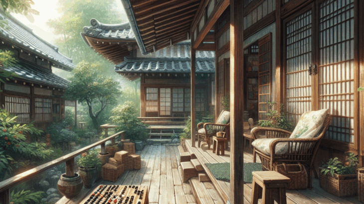 古民家の縁側：忘れられた将棋盤と夏の終わりの風、静寂の爪痕