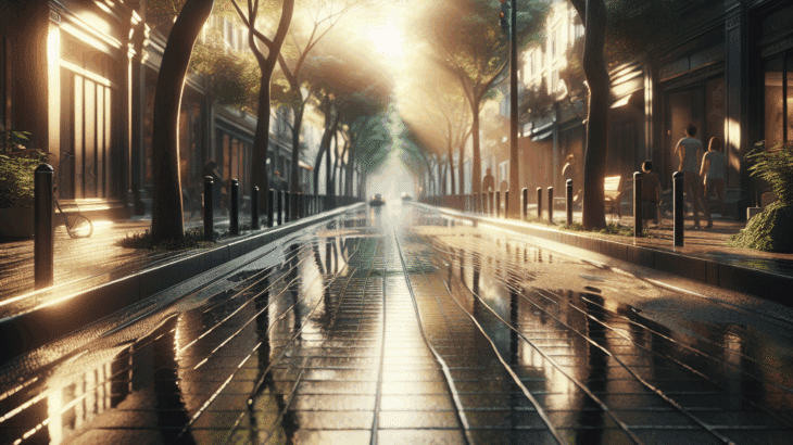 雨上がりの歩道、水たまりの記憶：反射する光、過ぎ去った足跡