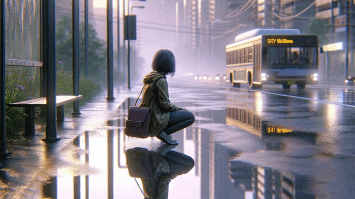 雨上がりのバス停「水たまりのリフレクション」：過ぎ去った日の残像、未来への小さな一歩