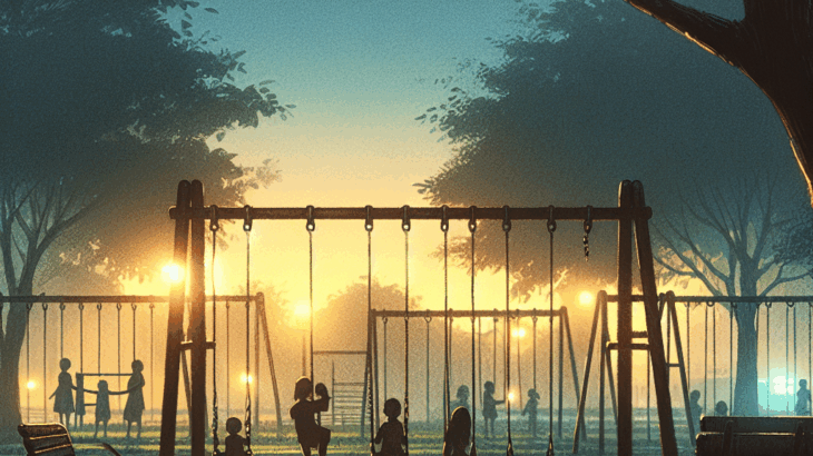 夕暮れの公園「ブランコの記憶」：鉄棒の影、子供の声