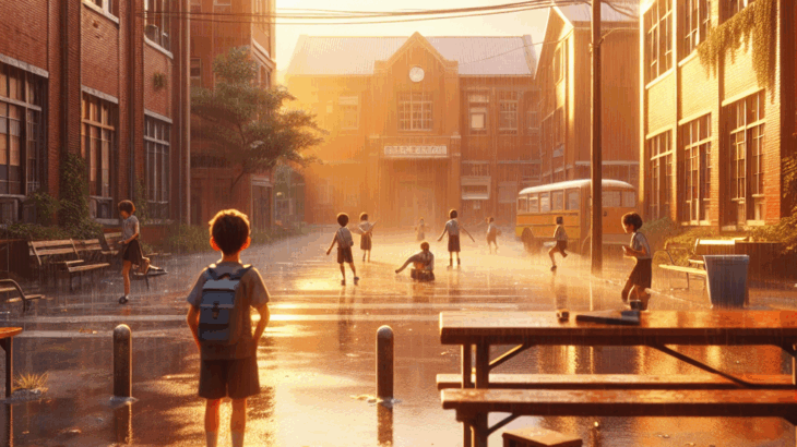 雨上がりの校庭と水たまりの記憶：少年時代の放課後、琥珀色の追憶