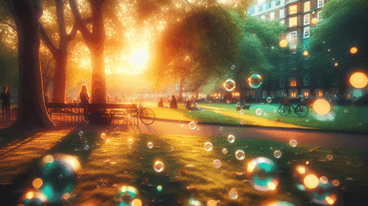 夕暮れの公園「消えゆくシャボン玉」：一瞬の輝き、過ぎ去りし日の追憶