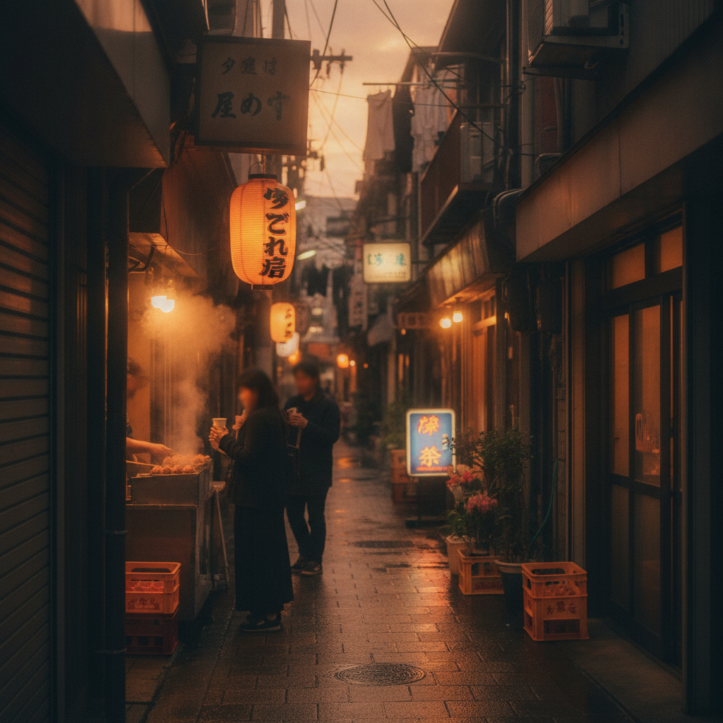 夕暮れ時、とある商店街の路地裏に灯る温かい光景