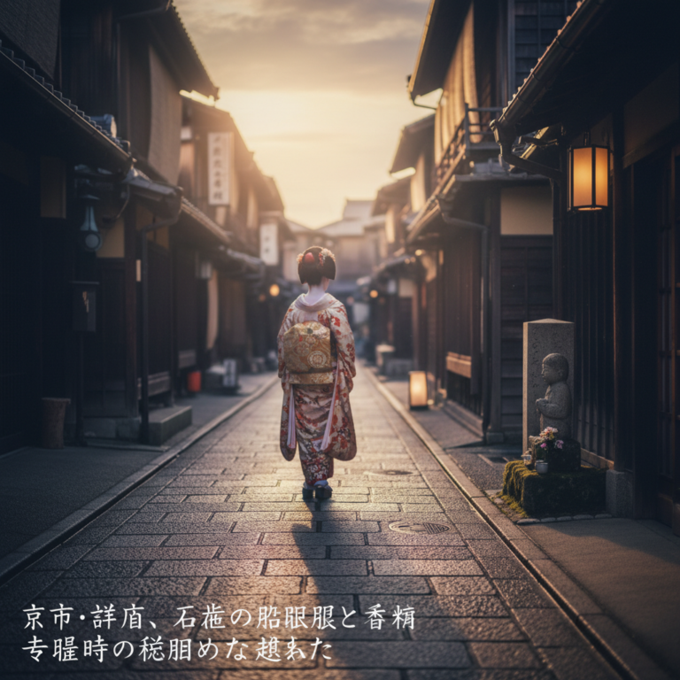京都・祇園、石畳の路地裏と舞妓さんの香り、夕暮れ時の秘密めいた出会い