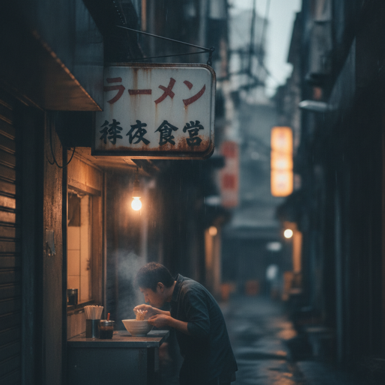 都市の底で麺を啜る：錆びた看板の下、見つけた一瞬の均衡