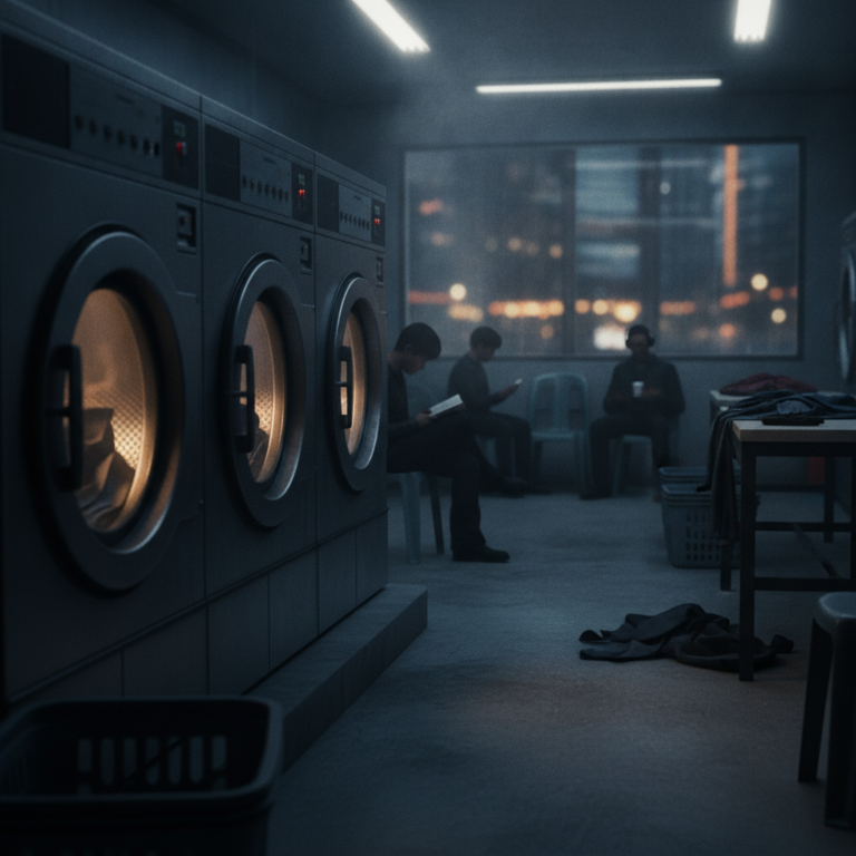 回転するドラムが奏でる都市の鎮魂歌：コインランドリーの深夜、見知らぬ人々と交差する静寂
