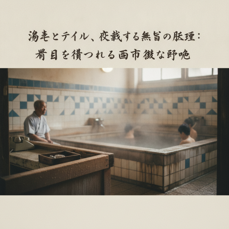湯気とタイル、交錯する無言の肌理：番台が見つめる都市の微かな呼吸