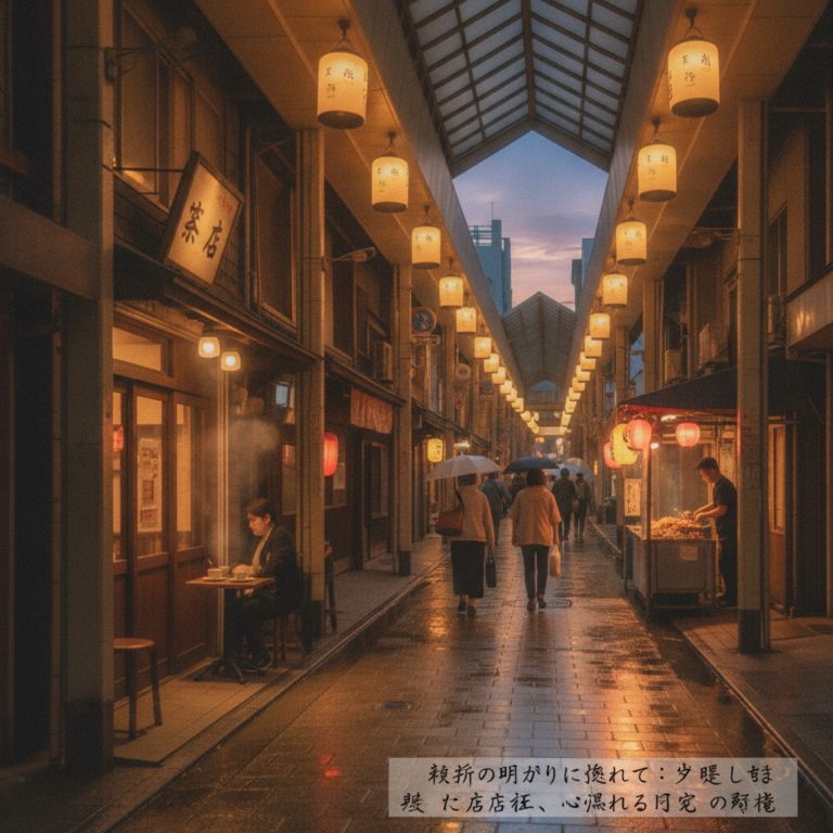 軒先の明かりに誘われて：夕暮れ時の商店街、心温まる日常の風景