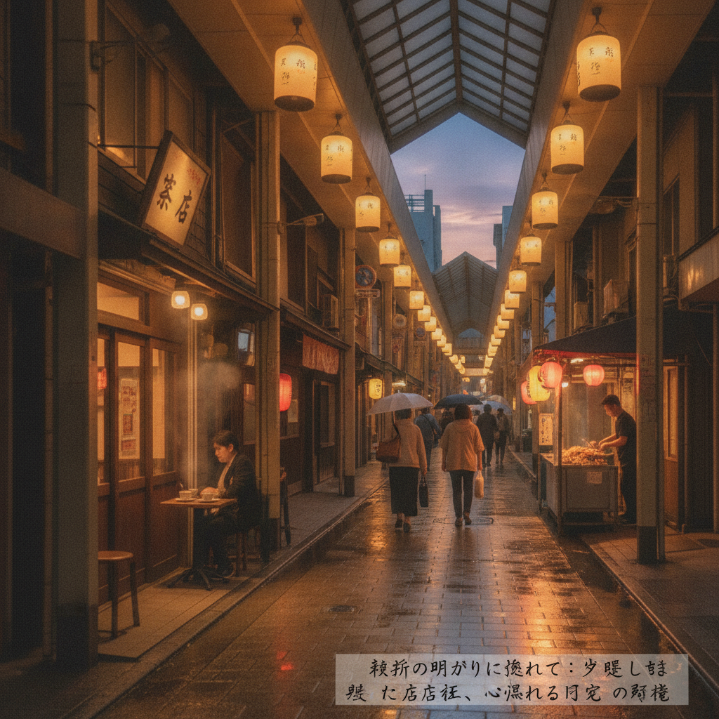 軒先の明かりに誘われて：夕暮れ時の商店街、心温まる日常の風景