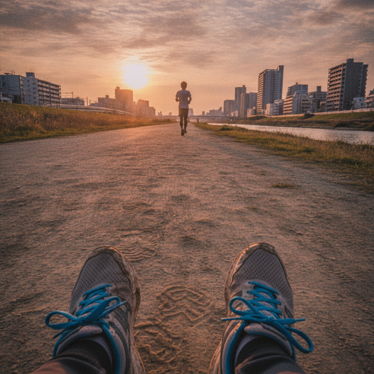 夕暮れに染まる土手道、ランニングシューズが刻む日常の足跡 – 都市と自然の境界線で感じる地元風景