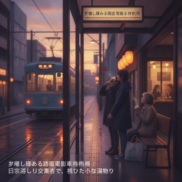 夕暮れ染まる路面電車の停留所：日常が溶け合う交差点で、見つけた小さな温もり
