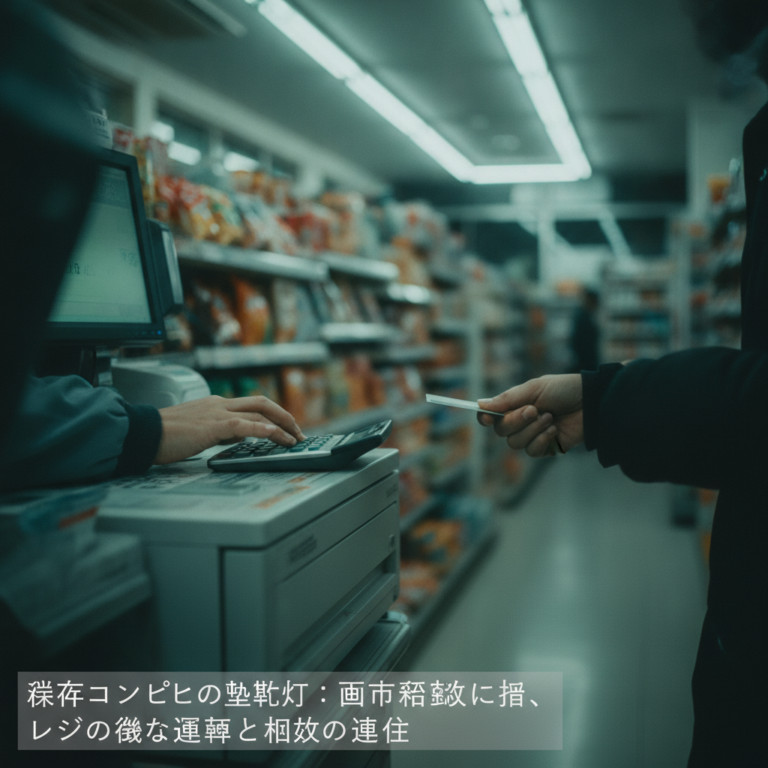 深夜コンビニの蛍光灯：都市の静寂に響く、レジの微かな演算と匿名の連帯