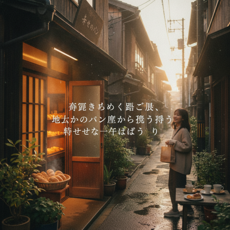 朝露きらめく路地裏、地元のパン屋から漂う幸せな一日のはじまり