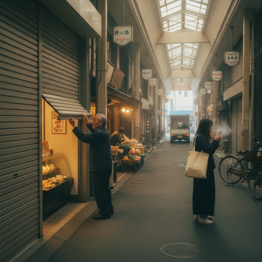 早朝の商店街、シャッター音と目覚める街の息吹