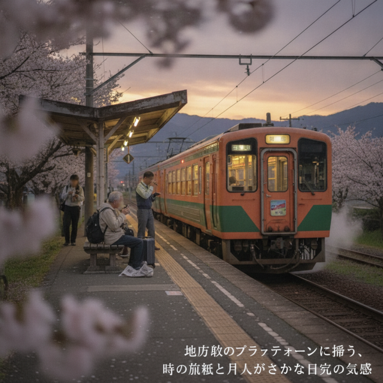 地方駅のプラットフォームに漂う、時の流れと人々のささやかな日常の気配