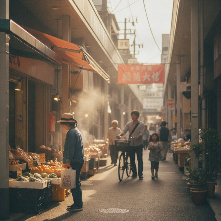 商店街に息づく生活の音：陽光と活気が織りなす午前の風景
