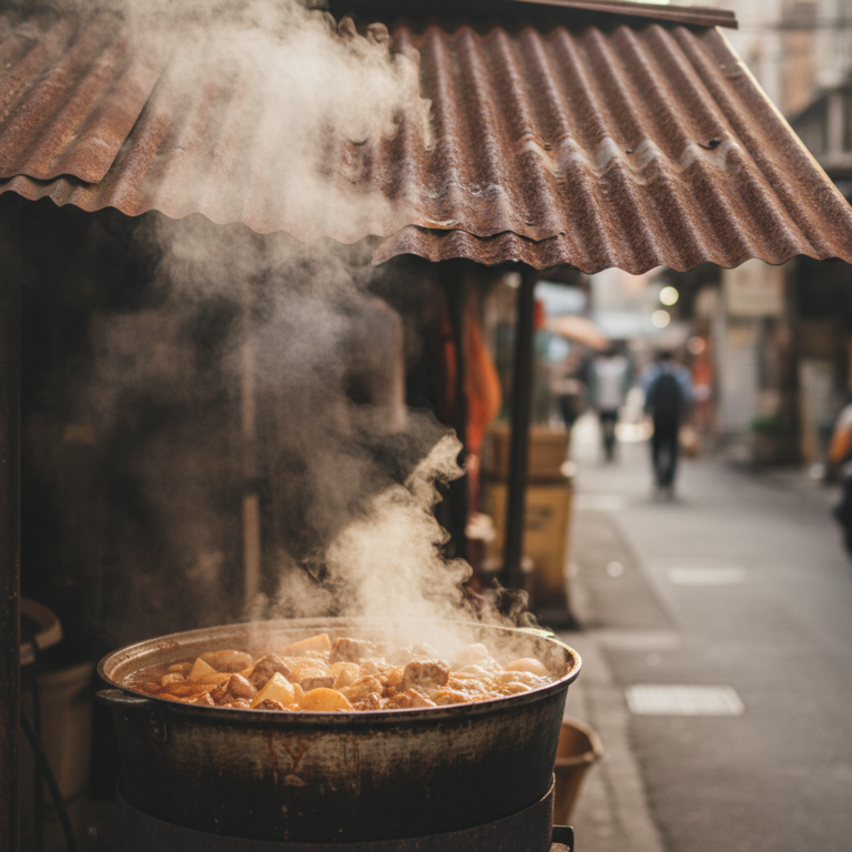 錆びたトタン屋根の下、煮込みの湯気：都市の胃袋を満たす反復の美学