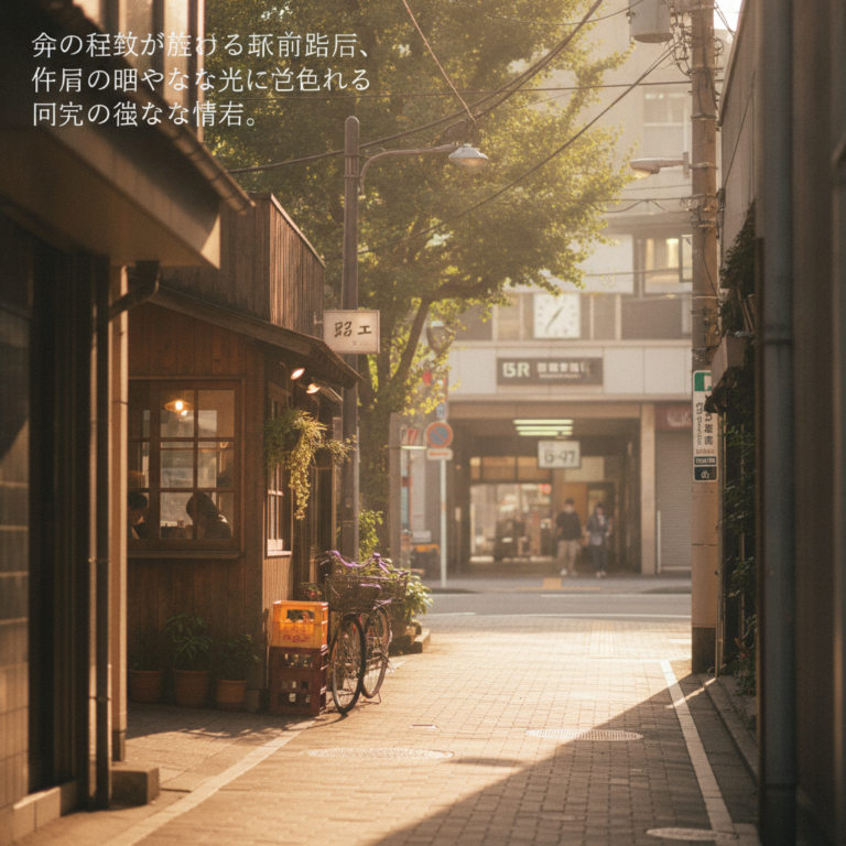 朝の静寂が解ける駅前路地、午後の穏やかな光に包まれる日常の微細な物語