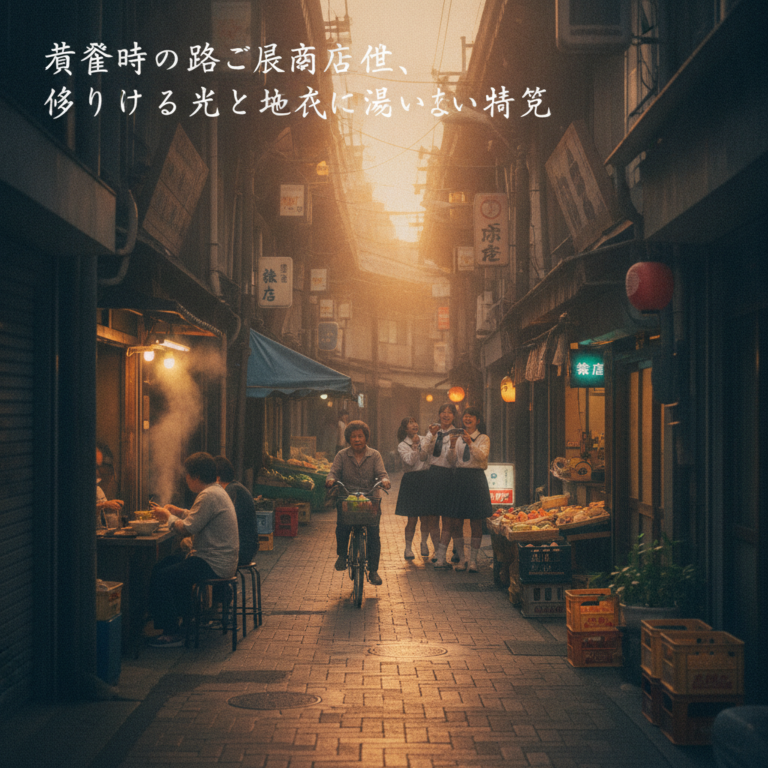 黄昏時の路地裏商店街、移りゆく光と地元に息づく温かい物語