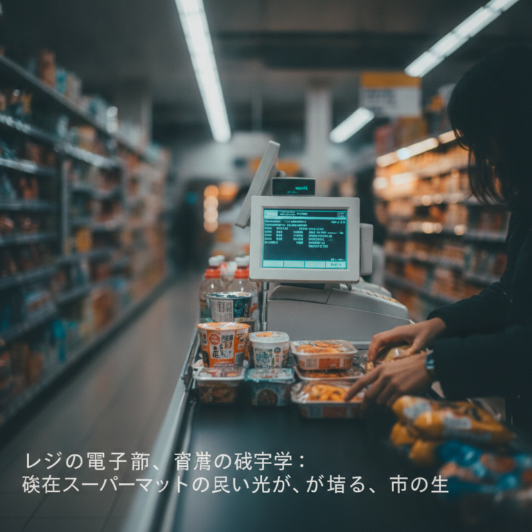 レジの電子音、消費の幾何学：深夜スーパーマーケットの淡い光が語る、都市の生