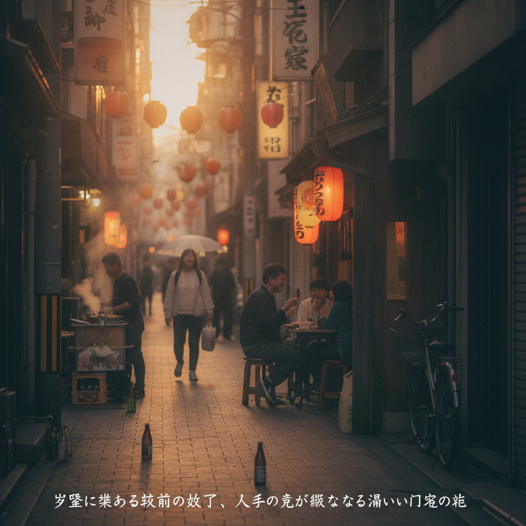 夕暮れに染まる駅前の横丁、人々の声が織りなす温かい日常の音色