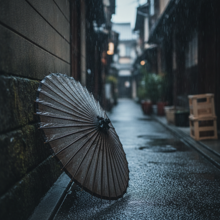 路地の雨、古びた傘の記憶：湿潤な都市が呼吸する静かな生の痕跡