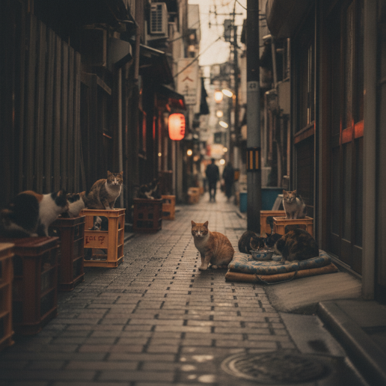 下町の裏路地で感じる、夕暮れのひそやかな気配と猫たちの時間