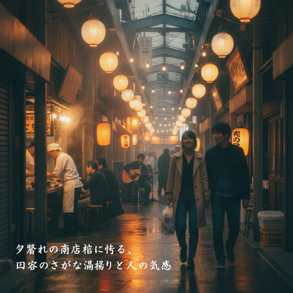 夕暮れの商店街に灯る、日常のささやかな温もりと人の気配