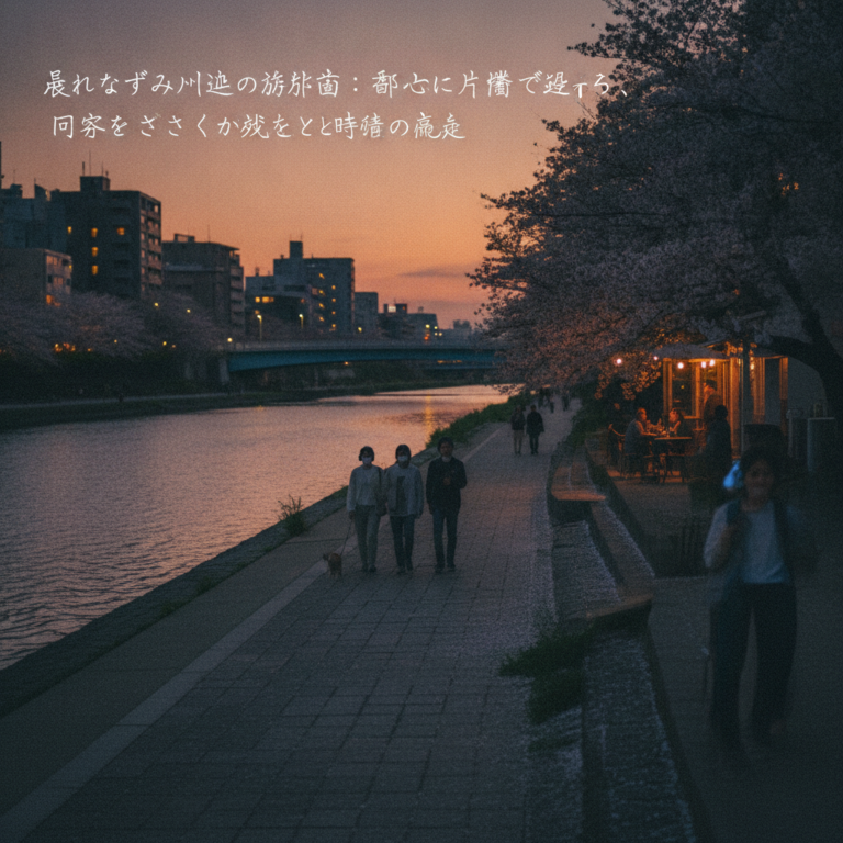 暮れなずむ川辺の遊歩道：都心の片隅で出会う、日常のささやかな変化と時間の流れ
