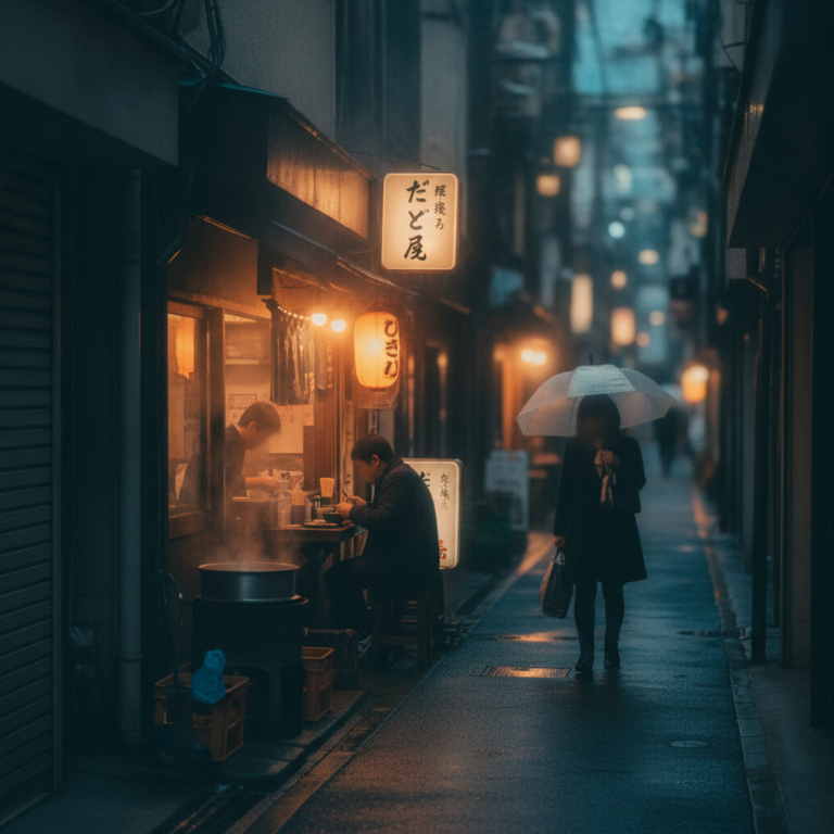薄暮の定食屋で交錯する空腹と人生：路地裏の温もりと無数の視線