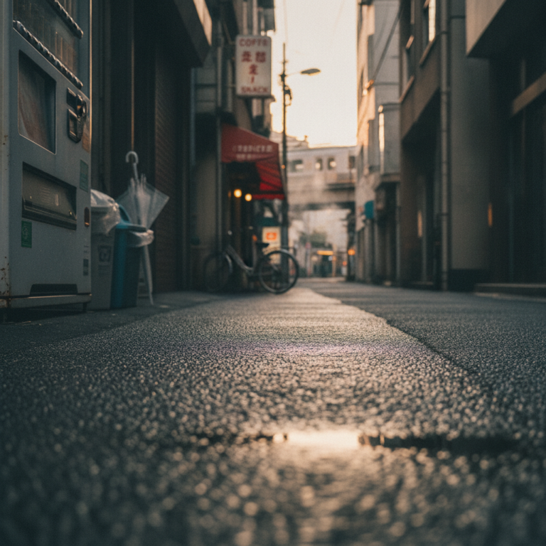 早朝の駅前路地、朝露が光るアスファルトの囁き