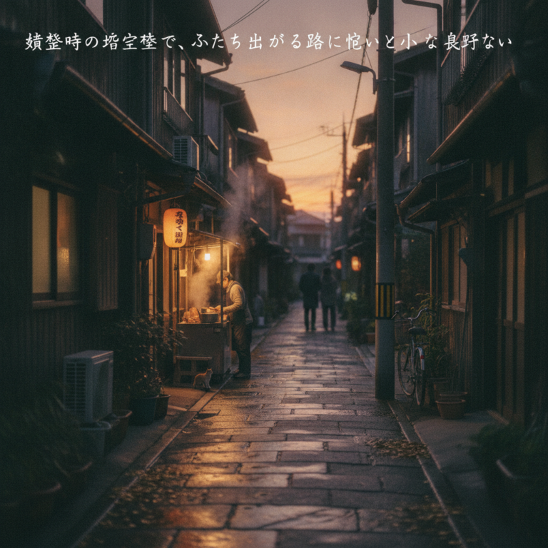 黄昏時の住宅街で、ふと立ち止まる路地の匂いと小さな息遣い