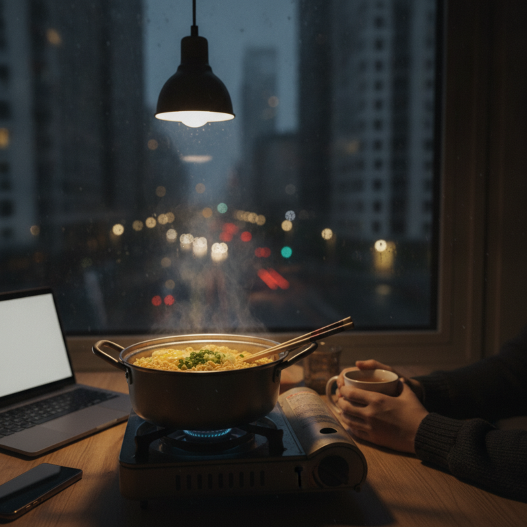 深夜都市の沈黙と、鍋に沸き立つ微かな慰め：インスタント麺が繋ぐ孤独な精神の対話