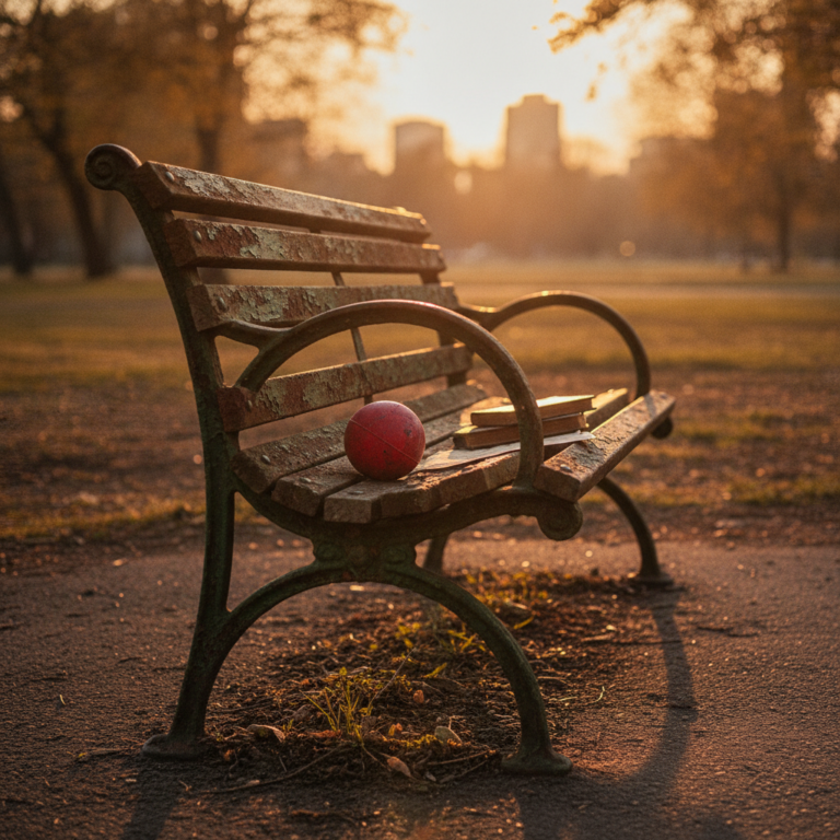 夕暮れ時、錆びた公園ベンチが語る微かな人生の残響