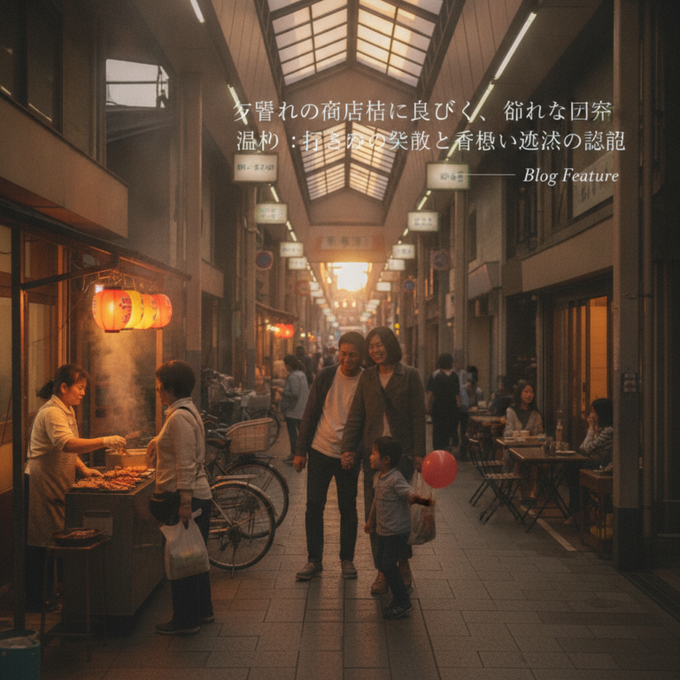 夕暮れの商店街に息づく、飾らない日常の温もり：行き交う人々の笑顔と香ばしい誘惑の記憶