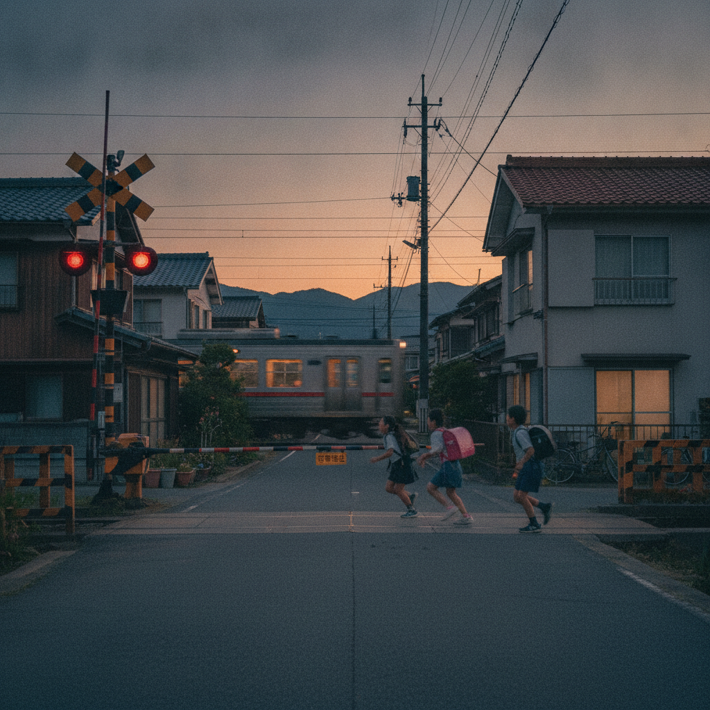 夕暮れ時、地方路線沿いの住宅街で感じる日常の移ろい：踏切の音と子供たちの声が織りなす風景